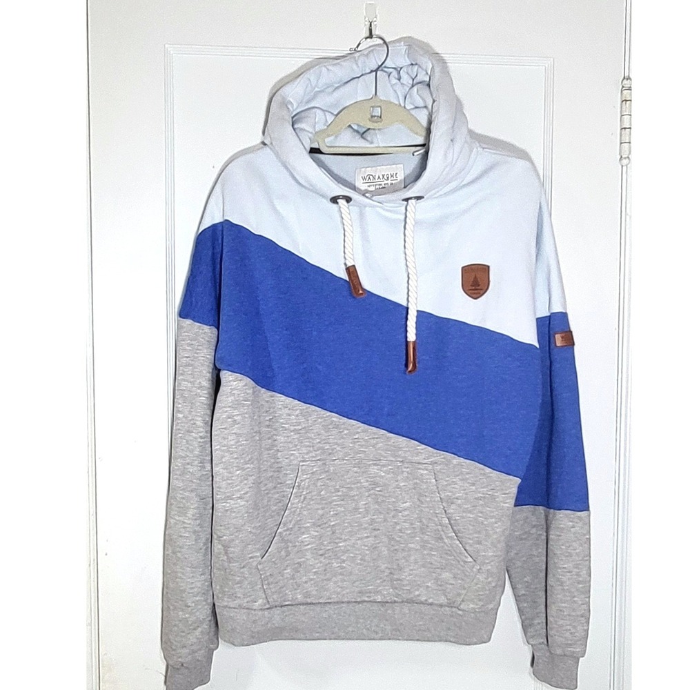 Wanakome Womens Colorblock Rope Cord Fleece Hoodie Blue Gray XS